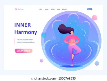 Yoga girl on the background of the cosmic nebula. Flat 2D character. Landing page concepts and web design