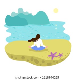 Yoga girl on the beach at sunrise.Meditation in lotus pose.There are mountains and sea.Peace of mind.Vector flat illustration