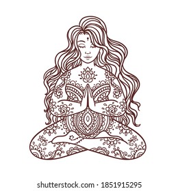 Yoga girl. Ornament Meditation pose. Concept of body positive. 