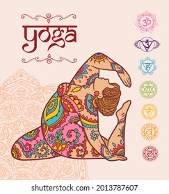 Yoga girl. Ornament Meditation pose. Concept of body positive. Vector illustration plus size, girl for design for logo, banner flyers. India ethnic style Yoga pose with mandala ornaments