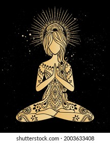 Yoga Girl. Ornamental feminine Vector illustration. Medallion yoga lotus pose india arabic style. Buddhism zen conseptGolden meditation