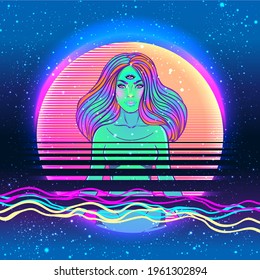 Yoga girl over colorful neon vibrant background. Vector illustration. Vintage decorative composition. Indian, Buddhism, Spiritual motifs. Tattoo, yoga, spirituality.  Futuristic vector in 1990s style.