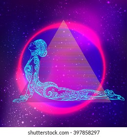 Yoga girl over colorful neon vibrant background. Vector illustration. Vintage decorative composition. Indian, Buddhism, Spiritual motifs. Tattoo, yoga, spirituality.  Futuristic vector in 1990s style.