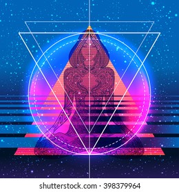 Yoga girl over colorful neon vibrant background. Vector illustration. Vintage decorative composition. Indian, Buddhism, Spiritual motifs. Tattoo, yoga, spirituality.  Futuristic vector in 1990s style.