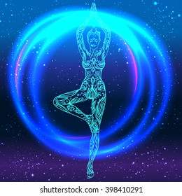 Yoga girl over colorful neon vibrant background. Vector illustration. Vintage decorative composition. Indian, Buddhism, Spiritual motifs. Tattoo, yoga, spirituality.  Futuristic vector in 1990s style.