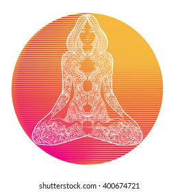 Yoga girl over colorful neon vibrant background. Vector illustration. Vintage decorative composition. Indian, Buddhism, Spiritual motifs. Tattoo, yoga, spirituality.  Futuristic vector in 1990s style.