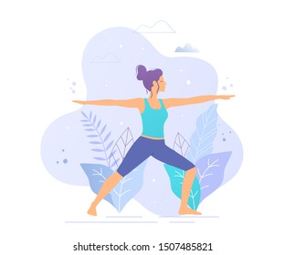 Yoga girl in a park vector illustration. Healthy lifestyle.