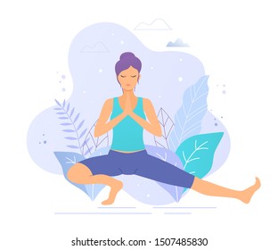 Yoga girl in a park vector illustration. Healthy lifestyle.