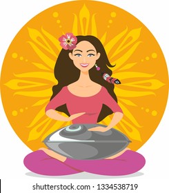 Yoga girl in pink dress with orange aura and mandala. She is happy, laughing and playing the hang drum. Flowers in their hair and feather in jewelry.