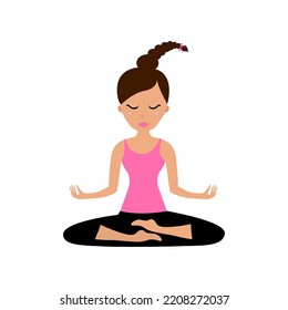 Yoga Girl in Pink Tshirt doing Meditation. Woman sit in Lotus Yoga Pose isolated on White