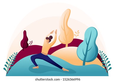 Yoga girl in a pose, asana surrounded by plants outdoors, in the Park, in the woods. Flat 2D character. Concept for web design