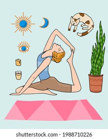 Yoga girl poster. Beautiful hand drawn illustration do yoga at home. Cartoon style drawing.