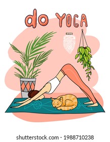 Yoga girl poster. Beautiful hand drawn illustration do yoga at home. Cartoon style drawing.