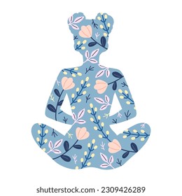 Yoga girl silhouette with flowers in lotus position isolated. Tattoo, sticker or print design vector illustration