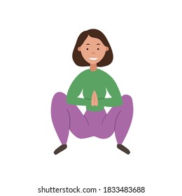 Yoga. La niña está en la pose de una guirnalda Malasana. Ilustración del vector sobre un fondo aislado blanco