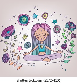 Yoga Girl surrounded of bloom flowers