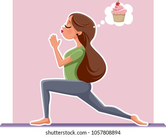 
Yoga Girl Thinking of Cupcake Dessert While Exercising. Fitness woman in Pilates position on yoga mat craving for sweet foods
