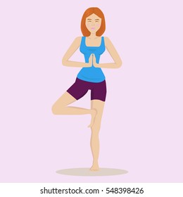 Yoga girl in tree pose. Vector cartoon character.