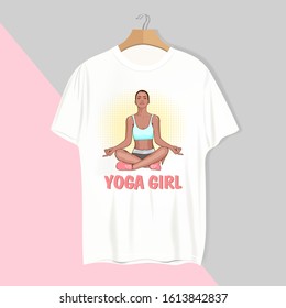 Yoga girl t-shirt on a pink background. Print. Mockup for your idea