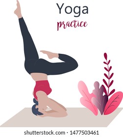 Yoga girl vector illustration. Yong women doing yoga upside down pose, meditation and asana. Different poses of yoga, exercises for healthy lifestyle. Slim healthy lifestyle girls. Workout at home.