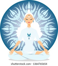 Yoga girl in white dress with blue aura and mandala. She is in deep meditation with cosmic consciousness. 
