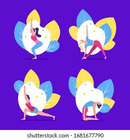 Yoga girls asanas set exersices and body health poses training set flat vector illustration. Beautiful young girl yogi exercising various different yoga poses, stretch and relax meditation.