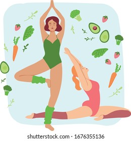 Niñas yoga, frutas y verduras, concepto de vida saludable, comida vegana, fitness, pose femenina, deporte, salud, dos veganas, ilustración vectorial