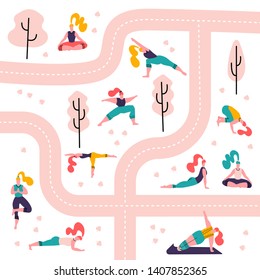 Yoga girls in a park pattern white background.People doing activities and sports outdoor between paths and trees. Women doing stretching,fitness outside. Flat vector scandinavian illustration