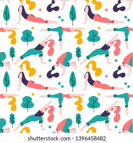 Yoga girls in the park seamless pattern white background. People doing sport activities outdoor, flat vector design illustration. Women doing stretching, fitness outside.  Isolated vector in Scandinavian style.