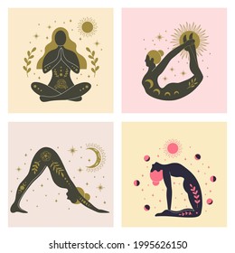 Yoga girls various asanas, women with sun, moon and floral abstract elements. Yoga meditating and concentration, exercise patience, position asana aura, vector illustration