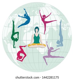 Yoga. Globe - Woman sitting in asana pose surrounded by silhouettes of girls - isolated on white background - vector. Banner, brochure, poster design.