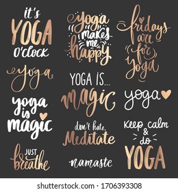 Yoga golden quotes collection on dark background. Slogan set about calm, breath, meditation. Vector glow lettering inscriptions set for t-shirt print, bags, mats, yoga studio or fitness club.