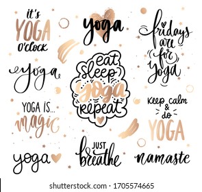 Yoga golden quotes collection. Slogan set about calm, breath, meditation. Vector sparkle Inspirational, Motivation lettering inscriptions for t-shirt print, bags, mats, yoga studio or fitness club.