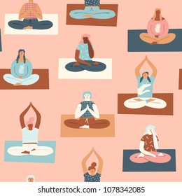 Yoga group with people meditating and doing breathing exercise seamless pattern in vector.