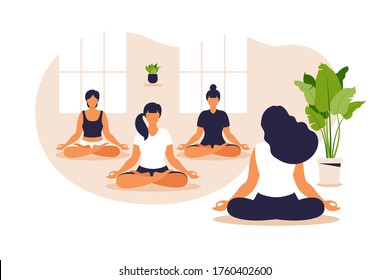 Yoga group. Position balance and stretching. People sitting together in the lotus position, they are practicing mindfulness meditation and yoga, healthy lifestyle and spirituality concept. Vector.