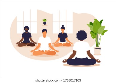 Yoga-Gruppe. Positionssaldo und Stretching. Menschen, die zusammen in der Lotusposition sitzen, üben Achtsamkeitsmeditation und Yoga, gesunden Lebensstil und Spiritualität Konzept. Vektorgrafik.