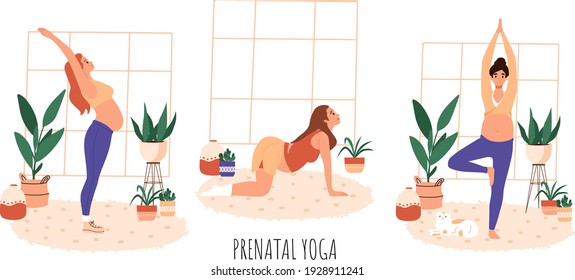 Yoga group for pregnant woman doing stretching physical exercises set. Diverse women with belly practicing prenatal yoga exercise class. Pose collection, stretching in different poses, working out. 