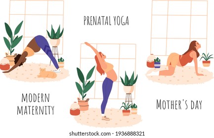 Yoga group for pregnant woman doing stretching physical exercises set. Diverse women with belly practicing prenatal yoga exercise class. Pose collection, stretching in different poses, working out. 