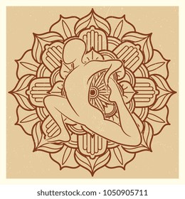 Yoga grunge background. Oriental flower mandala with asana silhouette. Vector illustration