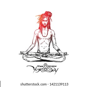 Yoga Guru Baba Looking for Inner Peace. Hand Draw Sketch Vector Illustration.