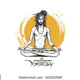 Yoga Guru Baba Looking for Inner Peace. Hand Draw Sketch Vector Illustration.