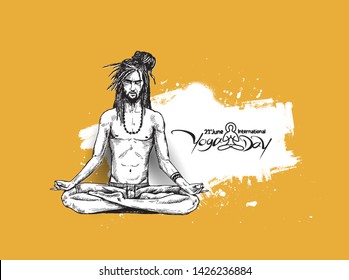 Yoga Guru Baba Looking for Inner Peace. Hand Draw Sketch Vector Illustration.