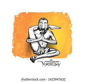 Yoga Guru Baba yoga pose, 21st june international yoga day. Hand Draw Sketch Vector Illustration.