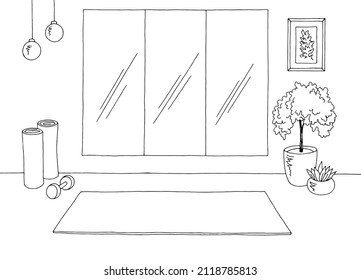Yoga gym interior graphic black white sketch illustration vector