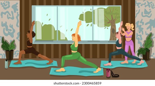 Yoga gym interior. Sporty women training on yoga mats. Girls different color of skin. Healthy and active lifestyle concept. Green trees outside the window backdrop. Cartoon style Vector illustration