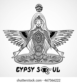 Yoga gypsy girl in a meditation with floral and ethnic mandala ornaments. 