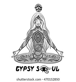 Yoga gypsy girl in a meditation with floral and ethnic mandala ornaments. 