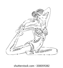 Yoga . Hand drawing . Girl in yoga pose . Ethnic patterns.