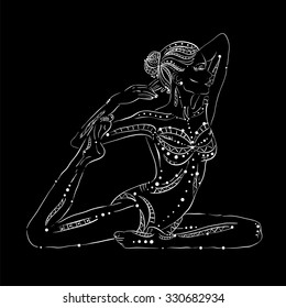 Yoga. Hand drawing. Girl in yoga pose. Ethnic patterns.