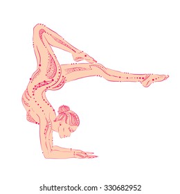 Yoga. Hand drawing. Girl in yoga pose. Ethnic patterns.